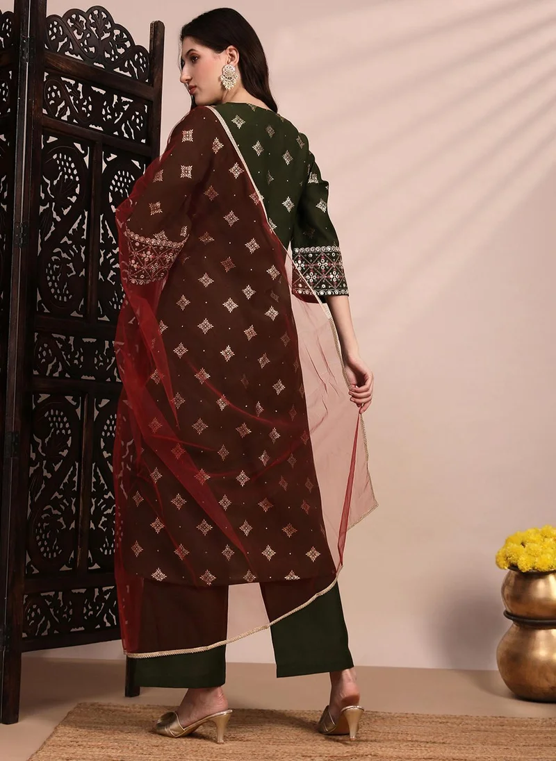 globus Olive Globus Women Olive Ethnic Motifs Foil Print Bell Sleeves V-Neck Sequinned & Zari Embroidered Detail A-Line Kurta With Pant & Net Dupatta Festive Set for Women | Best Price UAE